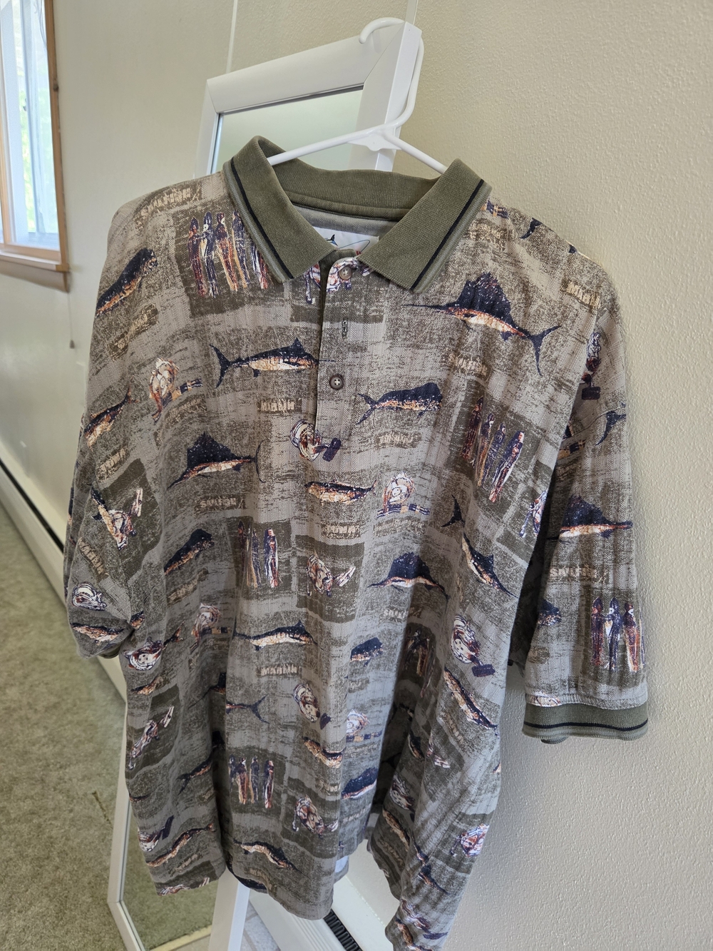 Men's Olive Green Short Sleeve Polo Shirt with Fishing Print